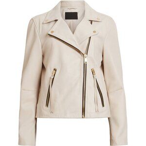 All Saints Dalby Cropped Leather Biker Jacket in Ivory White - size US 4 UK 8